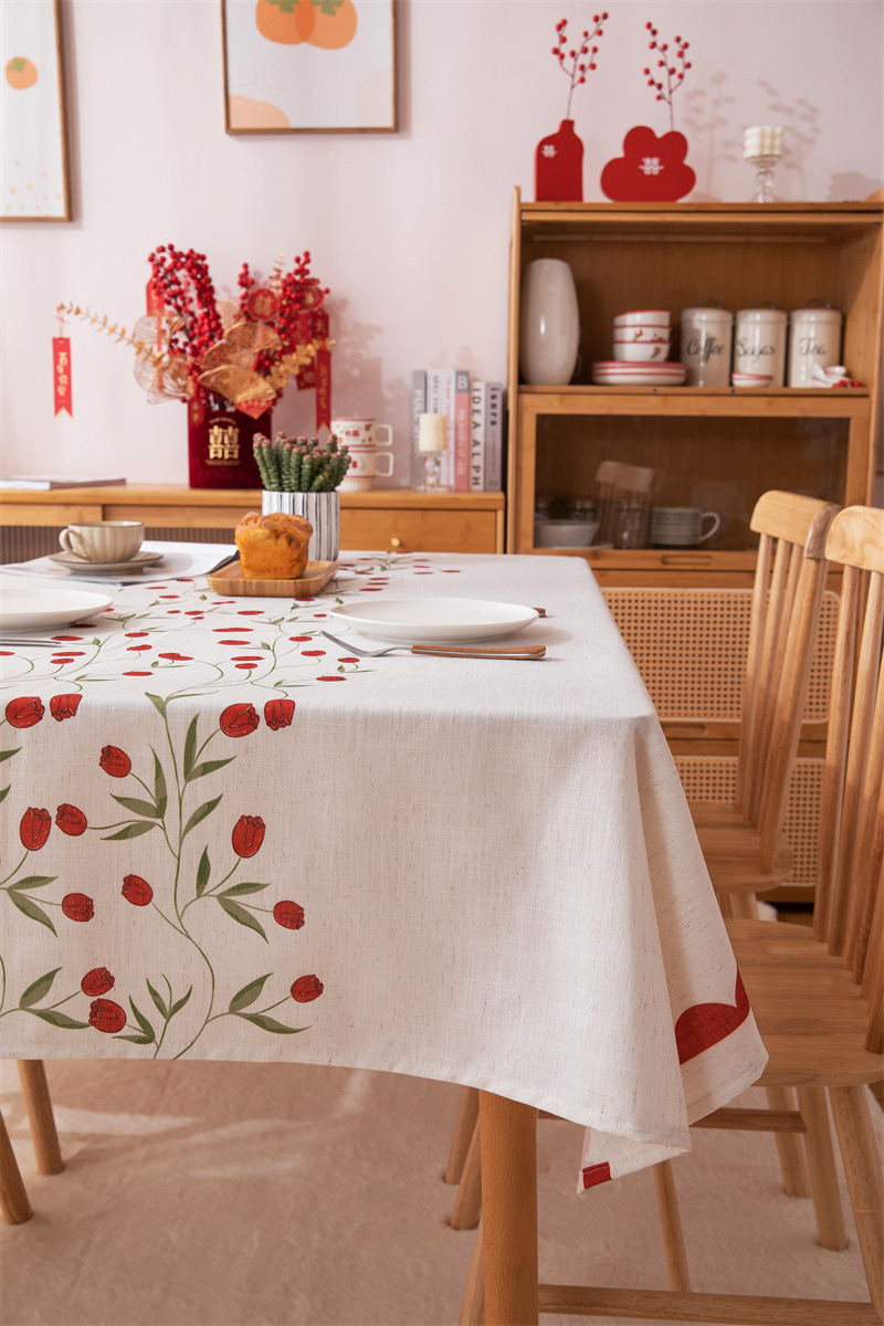 Tovaglia rettangolare per tavolino da caffè, tavolo da pranzo, decorazione per sala da matrimonio con stampa digitale rossa di tulipani e fragole._voghion.com
