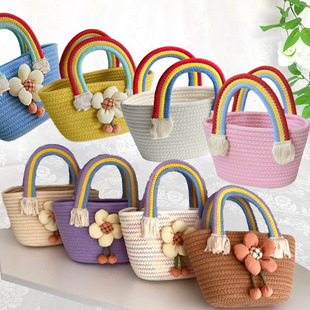 Sun Flower Cotton Rope Woven Bag Straw Woven Bag Baby's Birthday Banquet Portable Clouds Rainbow Bag Hand Gift Basket