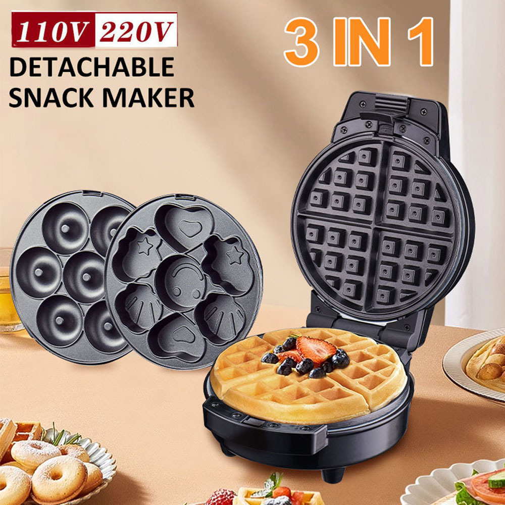 Máquina para hacer sándwiches, gofres, donas, galletas y pasteles de dibujos animados, tres en uno, de acero inoxidable, con cambiador de placas.