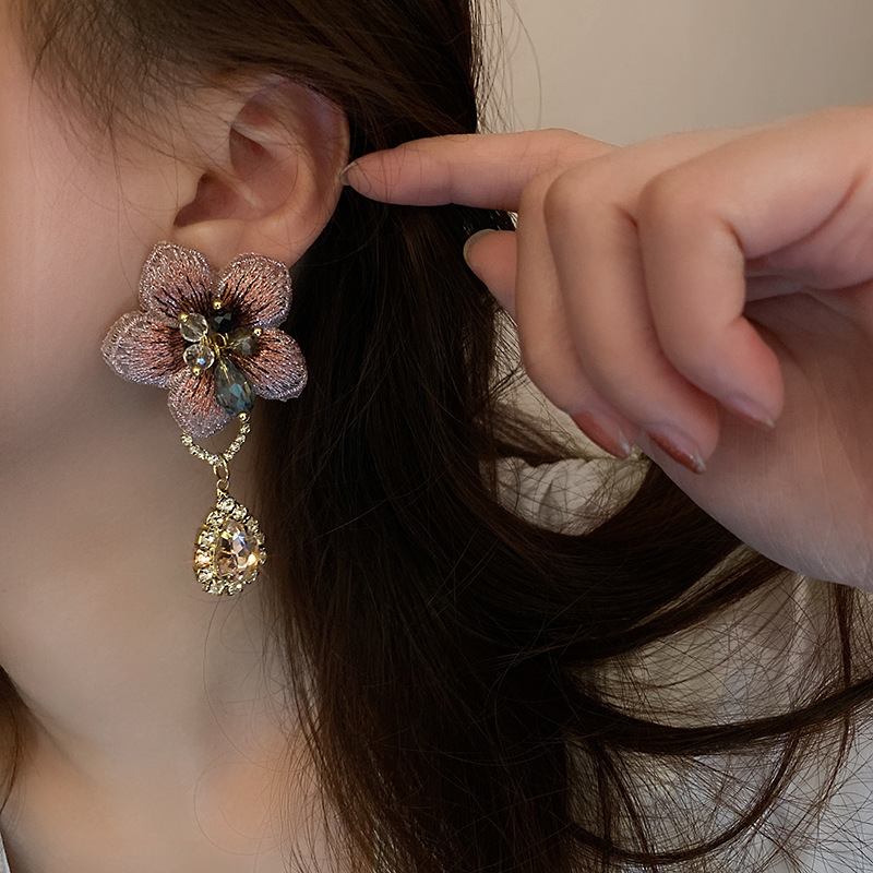Copper Material 1 Pair Glam Flower Cloth Copper Inlay Artificial Crystal Rhinestones Drop Earrings