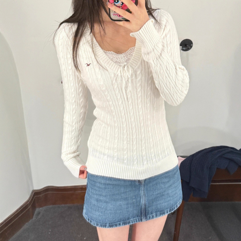 European and American style seagull twist V-neck long-sleeve knit sweater, skin-friendly cotton pullover base shirt, slimming basic style for all seasons