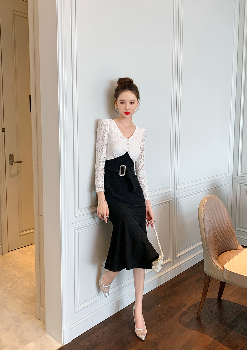 Đầm ôm body nữ cổ chữ V ren đuôi cá — Đen trắng chi tiết 16