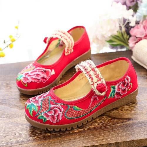 Flat shoes, tendon soles, loose fat foot mom shoes, grandma shoes, mother-in-law shoes, embroidered cloth shoes for women