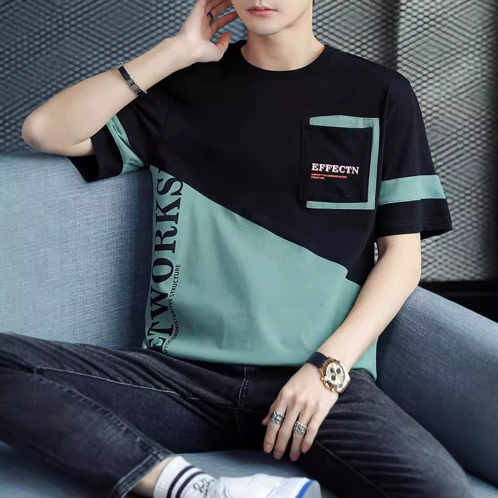Футболка с короткими рукавами мужская летняя корейская хлопчатобумажная рубашка с нижней полосой новая тенденция повседневная мужская топ