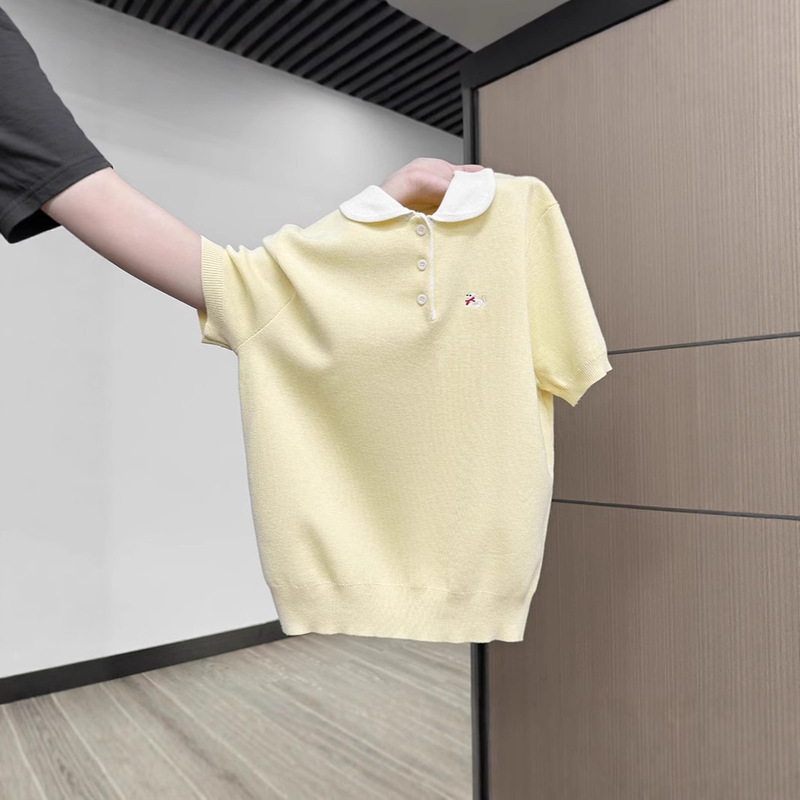 Creamy Yellow Right Shoulder Unique Beautiful Polo Lapel Short-Sleeved T-Shirt Women's Summer New Preppy Style Knitwear Top