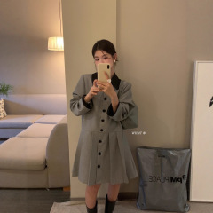 【WOW】miu系撞色翻领拼接千鸟格百褶连衣裙小个子收腰短款裙子
