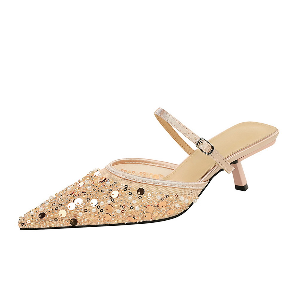 Fashionable Mesh Sequin Pointed Toe Women's Slippers Thin Heel_voghion.com