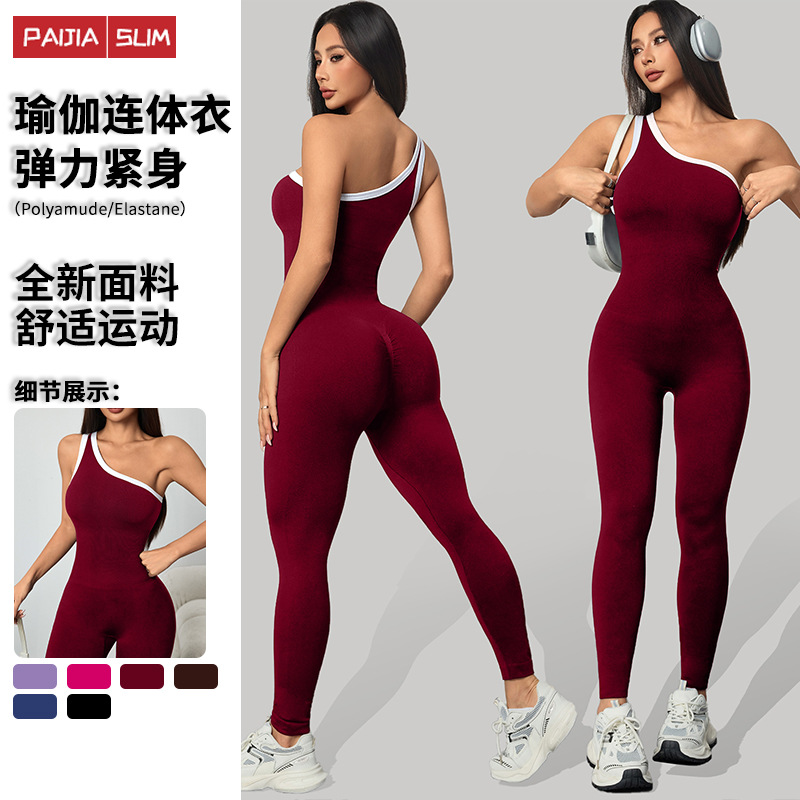 Cross-Border European and American Seamless Knit Yoga Wear, One-Shoulder Color-Blocking Jumpsuit, Sports Fitness One-Piece Jumpsuit for Women