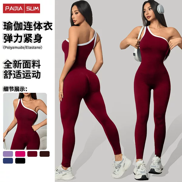 Cross-Border European and American Seamless Knit Yoga Wear, One-Shoulder Color-Blocking Jumpsuit, Sports Fitness One-Piece Jumpsuit for Women