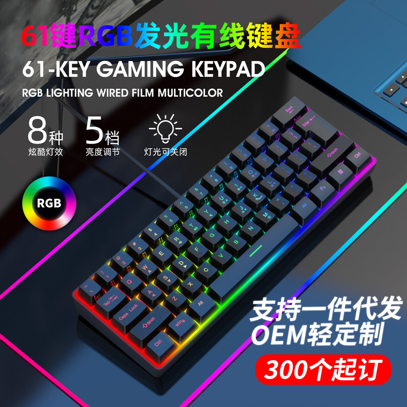 Cross-Border In-Stock K401 Notebook Desktop 61-Key Wired Gaming Small Keyboard Rgb Light Mechanical Feel Keyboard