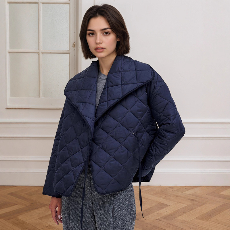 European and American Cross-Border Women's Fashion Large Lapel Royal Blue Quilted Short Loose-Fitting Cotton Coat