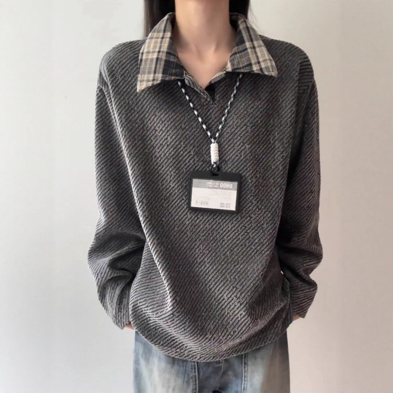 Dark Gray Chenille Thick Woolen Polo Sweatshirt Men's Autum American Heavy Long-Sleeved T-Shirt Small Fragrant Knitwear