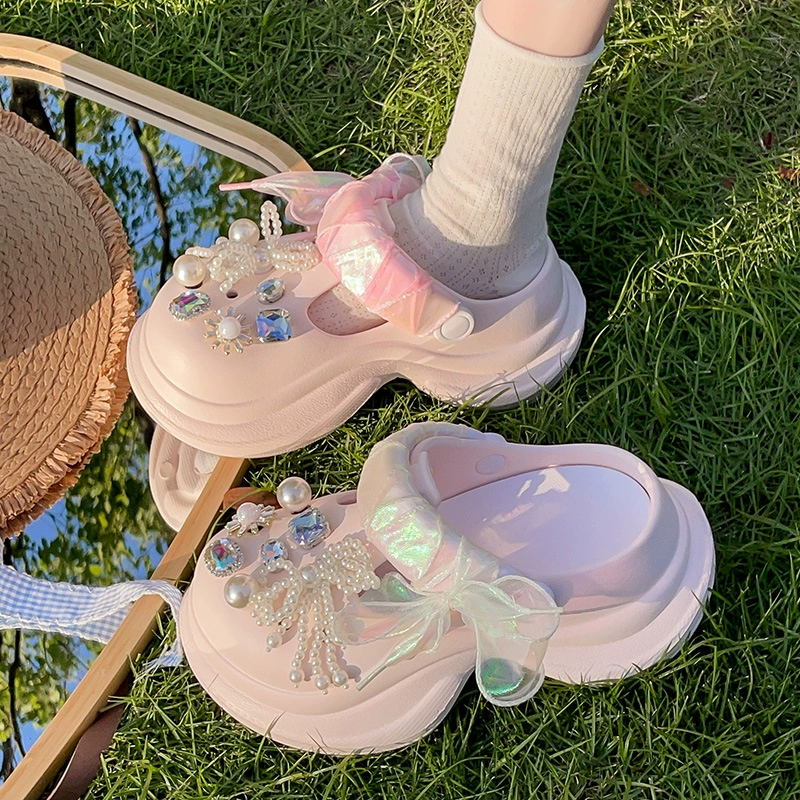 2025 новый стиль женские сабо на толстой подошве с бантом, увеличивающие рост, персонализированные модные повседневные сандалии и тапочки