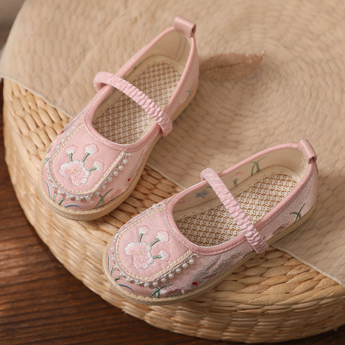 Kids baby pink white pearl embroidered fairy hanfu shoes old Beijing handmade cloth shoes strength performance of the girls