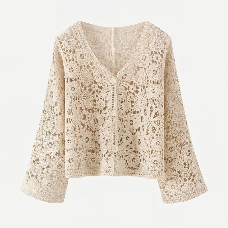 Spring and Summer French-Style Heavy Crochet Vintage Collar Lace Embroidery Hollow Design Short Long-Sleeve Knit Cardigan Top