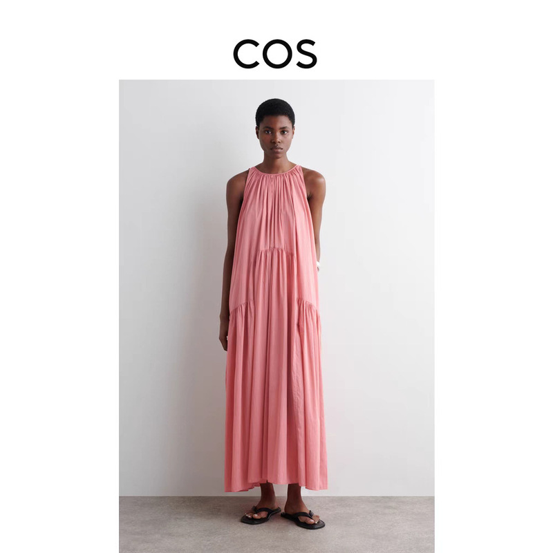 COS style women's clothing store with casual version pleated neck long dress pink 2025 summer new product