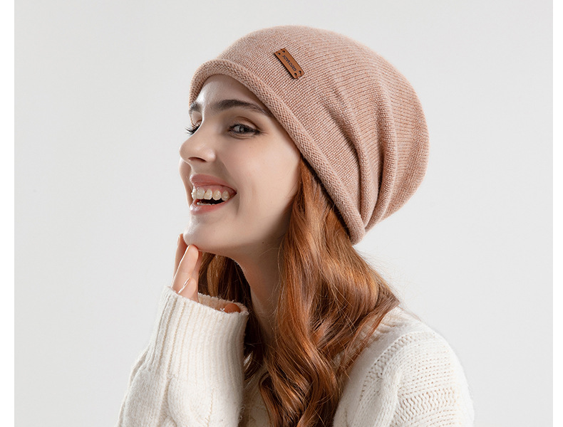 9941 Autunno e inverno pelo sottile lavorato a maglia piccola etichetta tinta unita versatile cappello al chiaro di luna fascia grande da donna Baotou_voghion.com