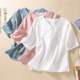 新款2025新款女装复古文艺中式斜襟棉麻短袖衬衣宽松休闲茶服上衣