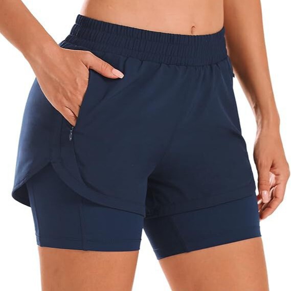 Cross-Border Women's Two-In-One Running Shorts. Waist Sports Gym Sports Shorts with Lined Zipper Pockets