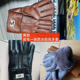 U叽叽男款皮毛一体保暖防风防水手套秋冬户外骑行触屏加绒皮手套