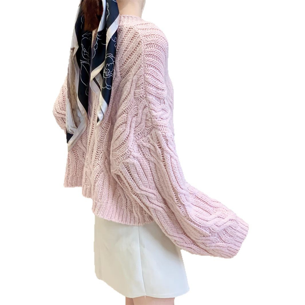 [Real Shot] estilo suave cuello en V Twist lana de punto cardigan mujeres perezoso suelto casual corto manga larga suéter