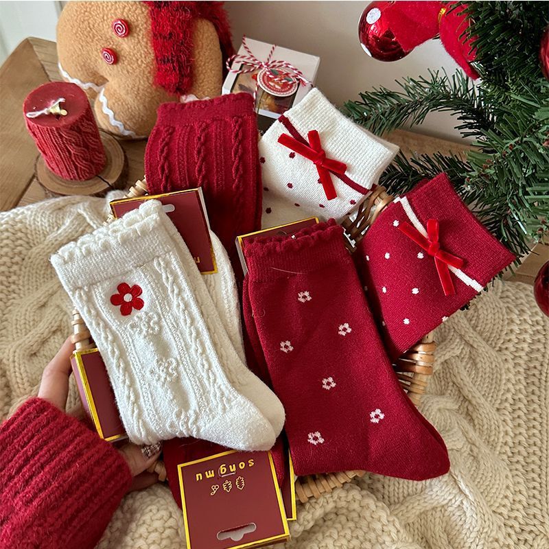 Twist Christmas Red Cute Warm Autumn and Winter Socks with Bow Mid-Tube New Year Red Zodiac Year Slouch Socks