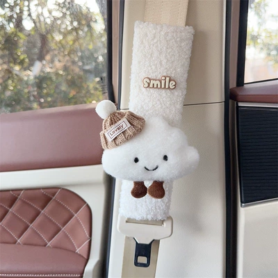 Seat Belt Protective Covers, Seat belt shoulder pad - white-plush-shoulder-pad-set-white-cloud-coffee-colored-hat