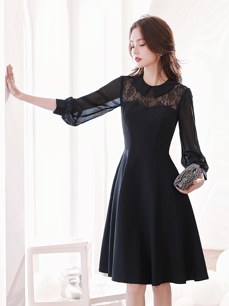 Vestido de noche negro para las mujeres, señoras pequeñas, estilo francés hepburn adelgazamiento cumpleaños vestido de fiesta
