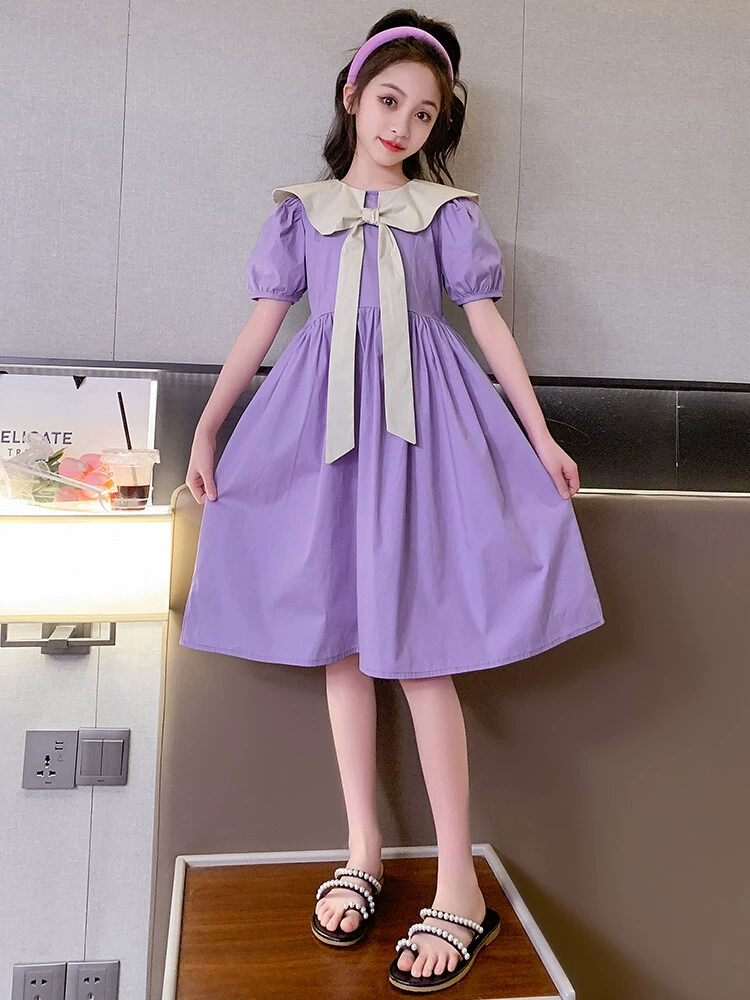 Solid short sleeve dress, summer uniform, collar, skirt, for teenagers, western style