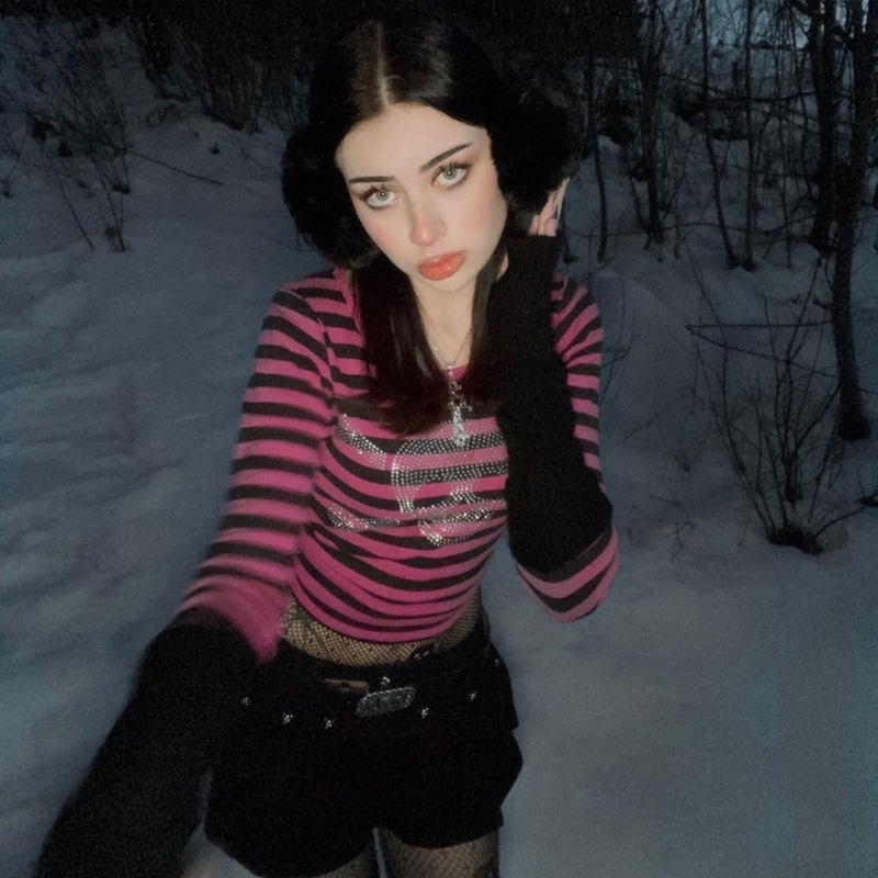 Spring New Large Size Loose Elastic Long-Sleeved T-Shirt Women's Stripesd Korean Velvet Bottoming Shirt Inner Wear