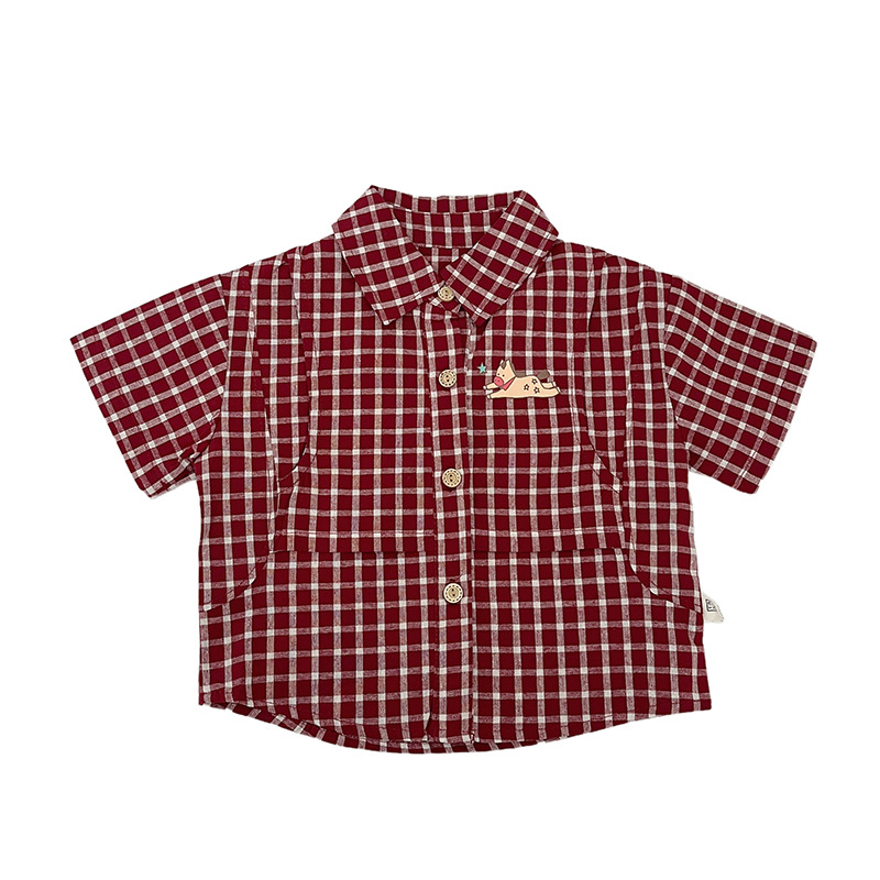 Camisas de mangas cortas de verano a cuadrícula para bebés transpirables con solapas casuales para niños, ropa guapo para niños
