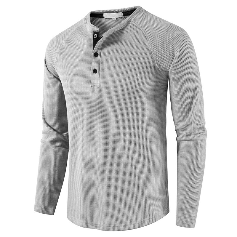 Mode Herren Langarm Henley T-Shirt Sport Casual Pullover Lose Tops Bluse Knopf Einfarbig Männer T-Shirts Unterhemden_voghion.com