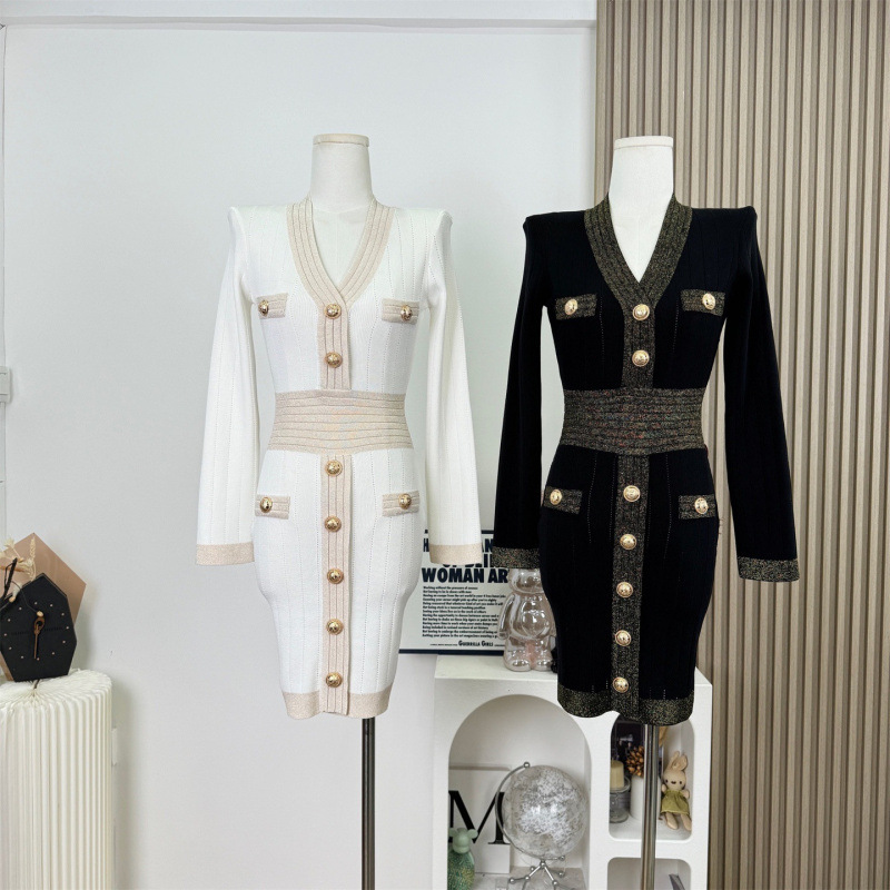 25 New Autumn and Winter Style Ladylike Style Contrasting Color Accessible Luxury Mesh Knitted Hip-Hugging Dress