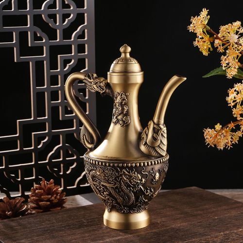 Pure brass dragon and phoenix auspiciousness wine pot copper ornament hundred blessings copper vat handicrafts restaurant wine pot decoration home copperware 
