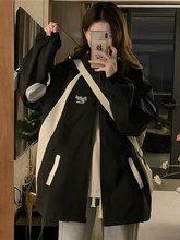 黑色美式冲锋衣外套女春秋款休闲百搭学生宽松薄款工装夹克上衣潮
