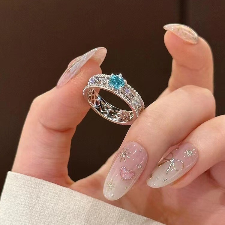 Dream Crystal Fate" Cool Blue Zircon For Women, Light Luxury High-end Sense, Index Finger Ring With Hollow Design_voghion.com