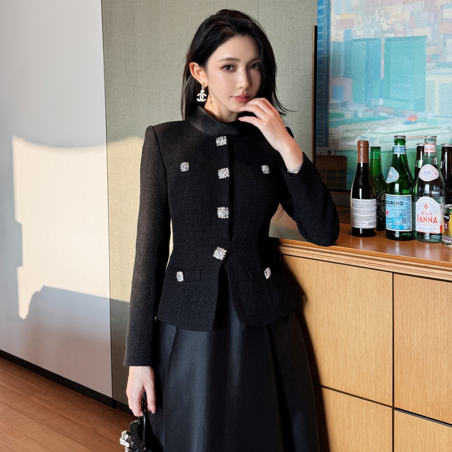 2025 Autumn Winter New Women's Black Tweed Patchwork Elegant Long Sleeve Small Stand Collar Dress Evening Gown_ecoleips.com