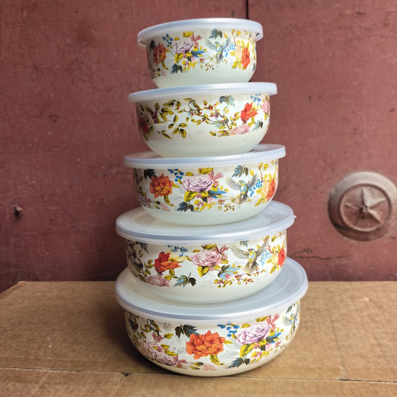 Enamel ice bowl five-piece set, round-bottomed bowl with printed logo, thickened preservation bowl, sealed preservation box, sealed bowl for delivery Enamel ice bowl five-piece set, round-bottomed bowl with printed logo, thickened preservation bowl, sealed preservation box, sealed bowl for delivery