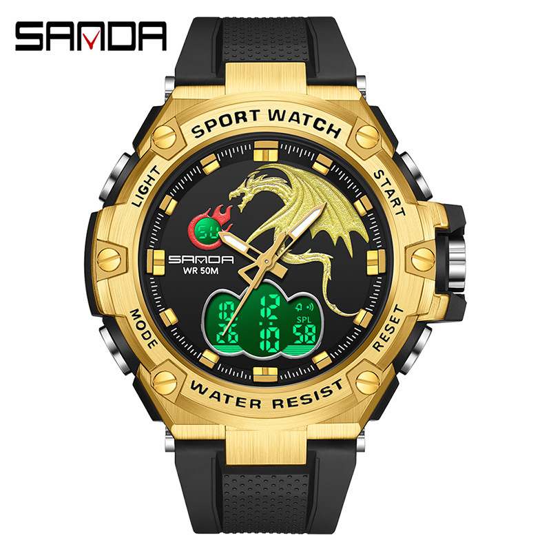 Sanda 3171 reloj electrónico dragón rociador de fuego reloj impermeable moda de moda luminoso reloj de hombre multifuncional