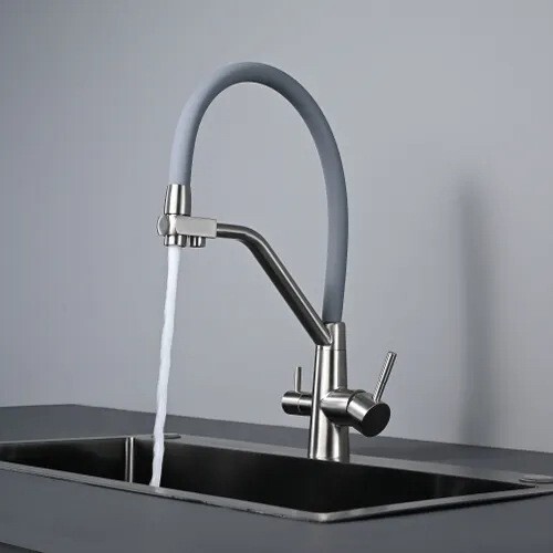 Three-in-one brushed stainless steel kitchen hot and cold water purifier faucet pure water direct drinking water vegetable basin splash-proof faucet