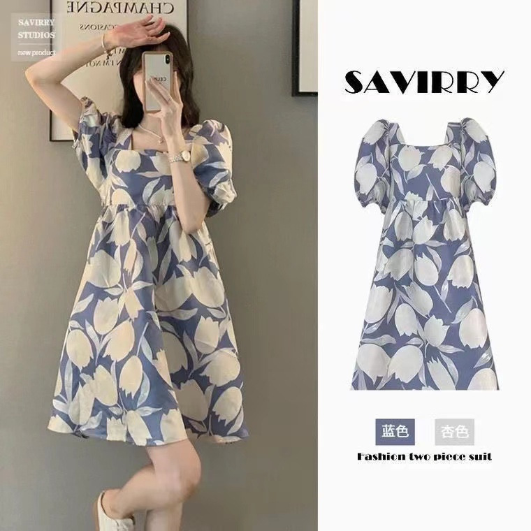 Maternity clothes dress summer New Fashion mid-length high-grade printed puff sleeve pregnant women all-matching dress