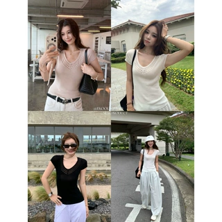 百视旺  蕾丝花边拼接V领针织衫女2026新款夏季修身显瘦短袖T恤