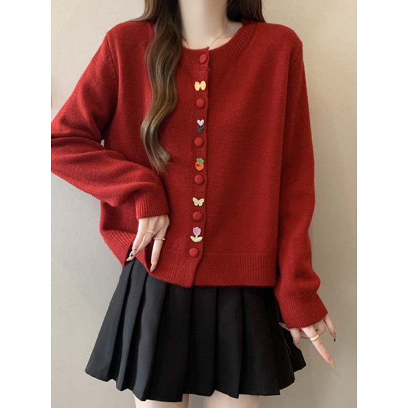Round Neck Sweet Cartoon Button Sweater for Women 2025 Autumn and Winter New Knitted Cardigan Korean Style High-End Top for Women