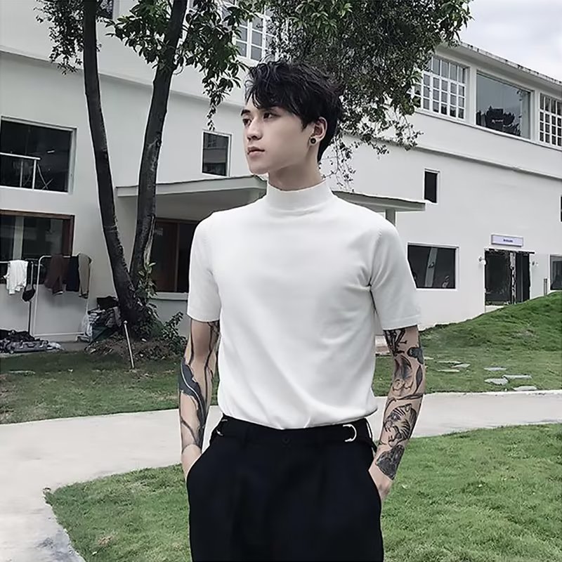 화이트 미드 칼라 반팔 티셔츠 남성용 여름 아이스 실크 2023 새로운 패션 브랜드 하프 하이 칼라 반팔 니트 베이스 셔츠
