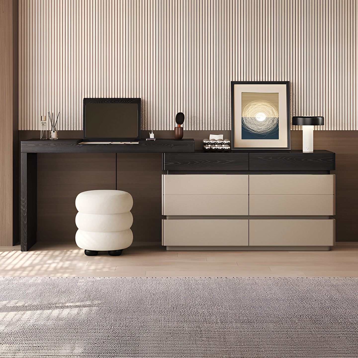 Modern Minimalist Dressing Table and Cupboard Integrated Italian Minimalist High-End Bedroom Retractable Bedside Storage Dressing Table