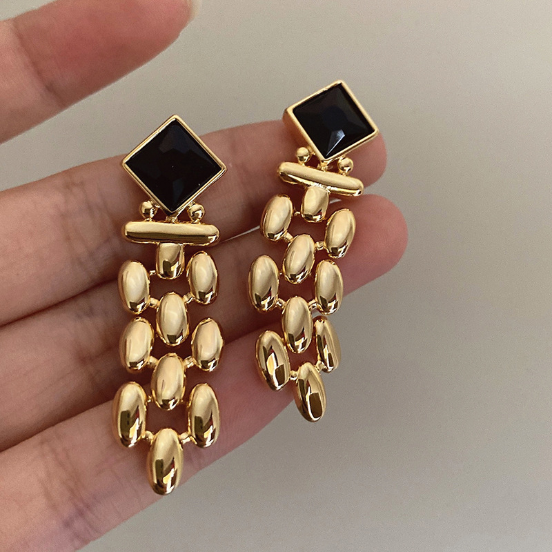 European and American chain earrings metal woven tassel fashion pendant earrings female s925 silver needle advanced gold plated ear jewelry