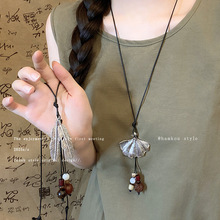新中式羽毛银杏叶项链女长款流苏配饰小众复古颈链2025新款锁骨链