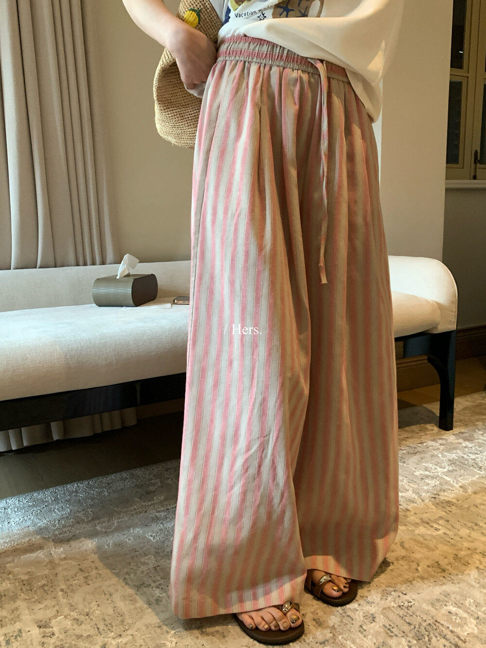 Quần culottes nữ ống rộng cạp cao sọc kẻ dáng dài suông rộng phong cách thư giãn — màu hồng chi tiết 3
