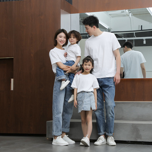 Parent-child t-shirt boys and girls pure cotton bottoming shirt family portrait beach parent-child wear category a summer short-sleeved family wear