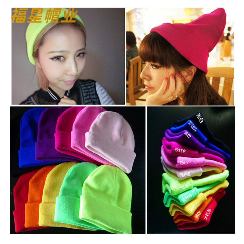 2025 Cross-Border New Fashion Comfortable Solid Color Fluorescent Knitted Beanie Hat Unisex Versatile Pullover Hat 35 Colors in Stock